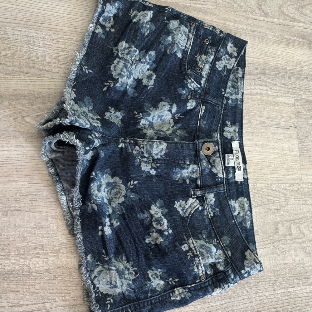 Forever 21 Blue Jean Shorts with Floral Print